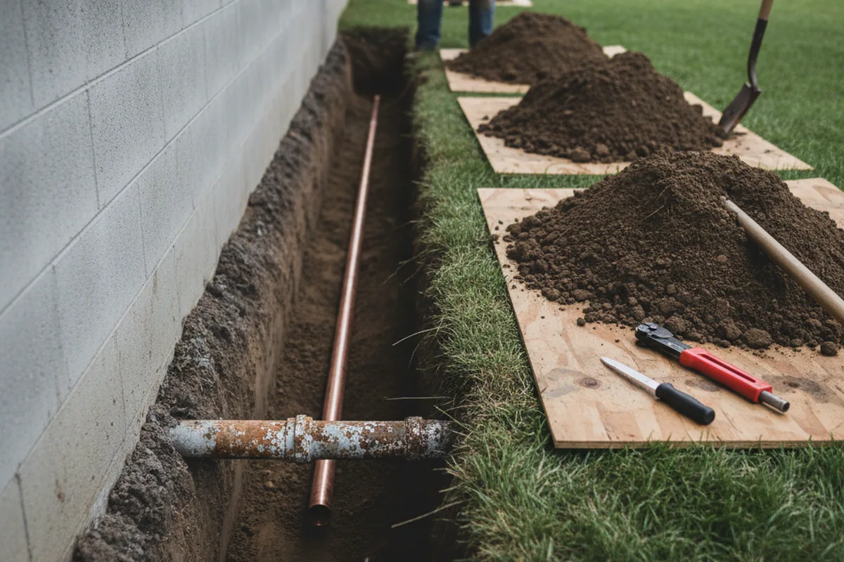 Excavated water line trench during Sewer Line Repair in Saint Peters